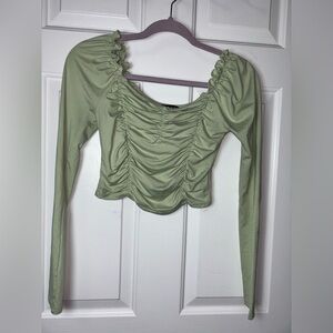 Womens Mesh Crop Tops Long Sleeve Off Shoulder Square Neck Ruched Style Blouse